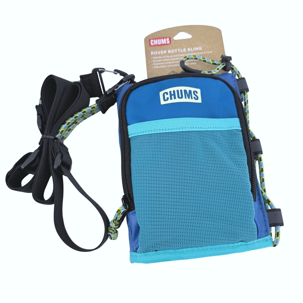 NEW Chums Rover Bottle Sling Unisex OS Bottle Sling Blue Teal Bungee Mesh Zipped